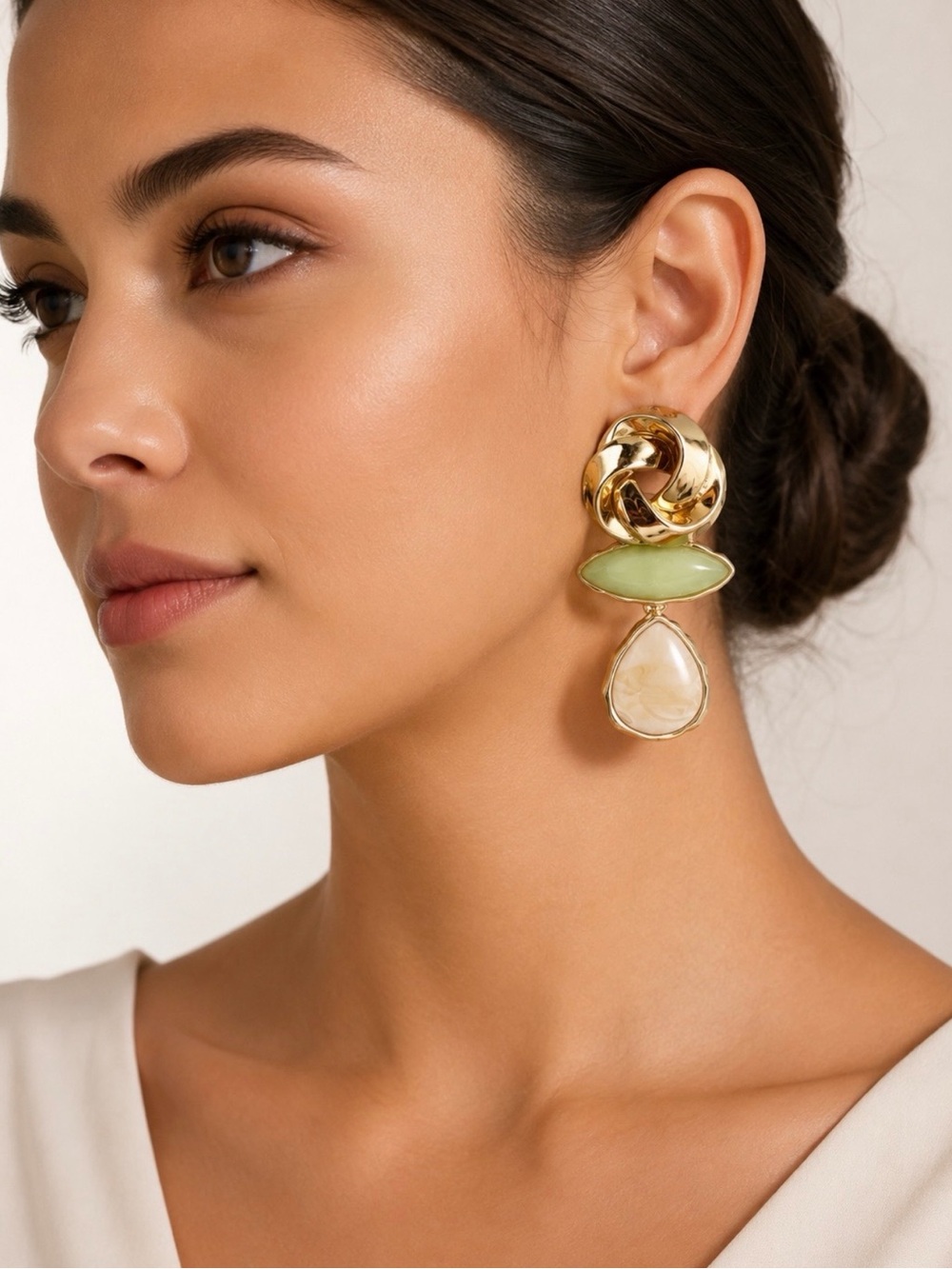 NWT Gold Drop Earrings with Pale Green and Cream Stones